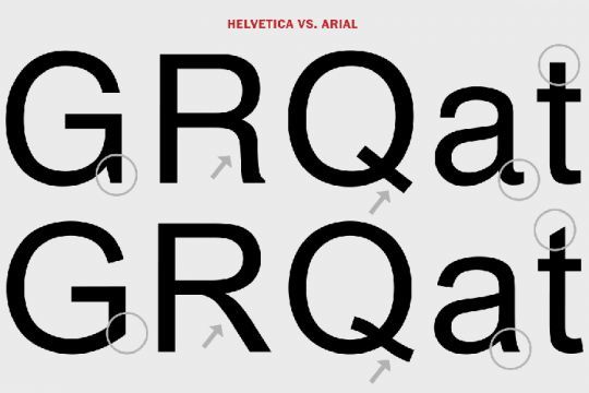 Exemples de différences entre Helvetica et Arial.