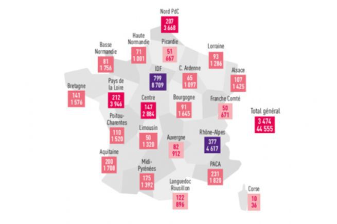 Carte de France du nombre d'imprimeries et de salaris des arts graphiques, par rgion, en 2014.