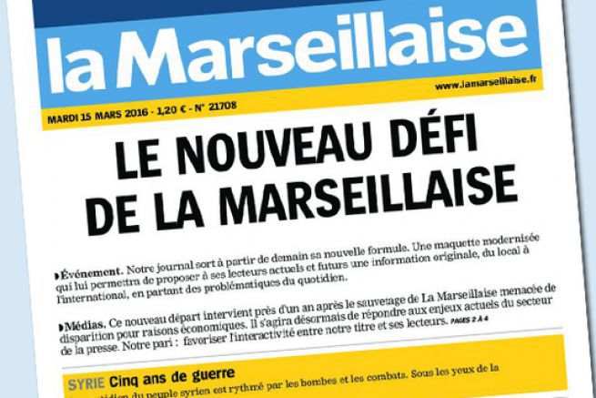 La Une de La Marseillaise date du 15 mars 2016, veille du lancement de la nouvelle formule.