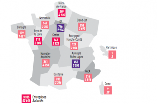 Carte du nombre d'imprimeries et de salaris des arts graphiques en 2015 en France, par rgion.