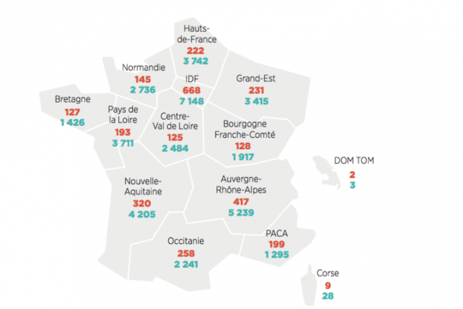 Nombre d'imprimeries et de salaris en France par rgion en 2017
